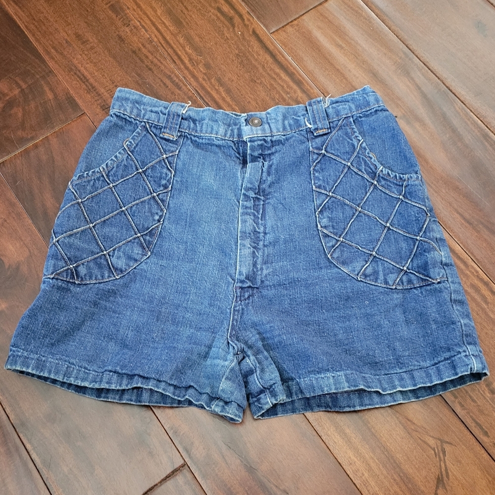 Vintage 1970s High Waisted Denim Shorts with Diamond Lattice Design